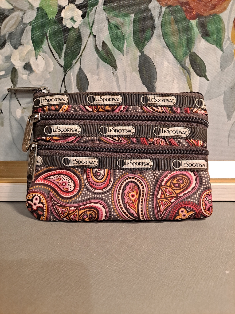 LeSportsac Brown Paisley Triple Zip Nylon Pouch in Gray Pink Orange Accents